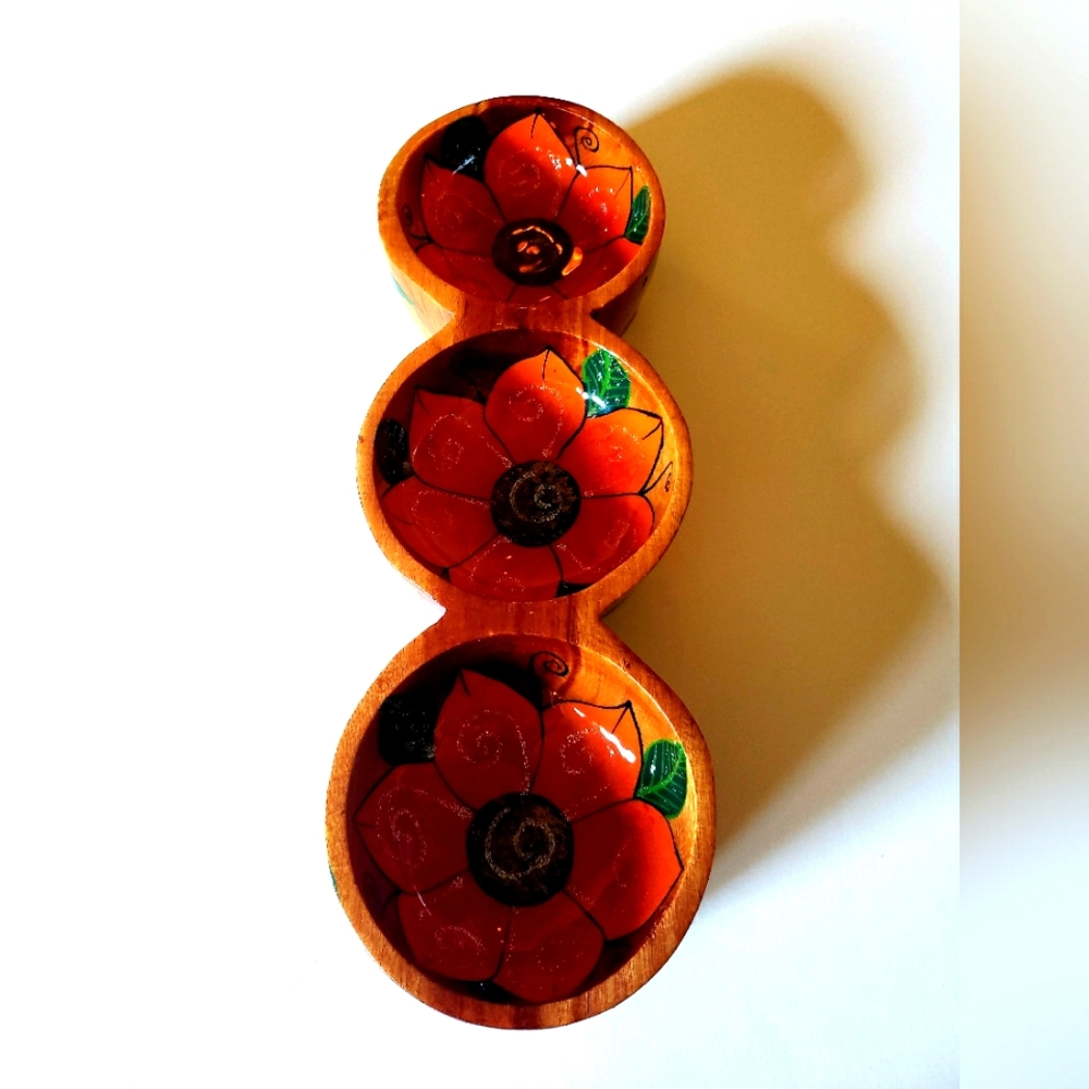 Hand painted wood carved serving dish.